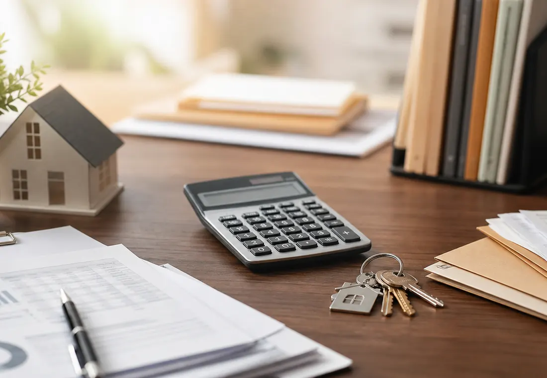 Owner statement, keys, calculator, and rental management paperwork on a desk